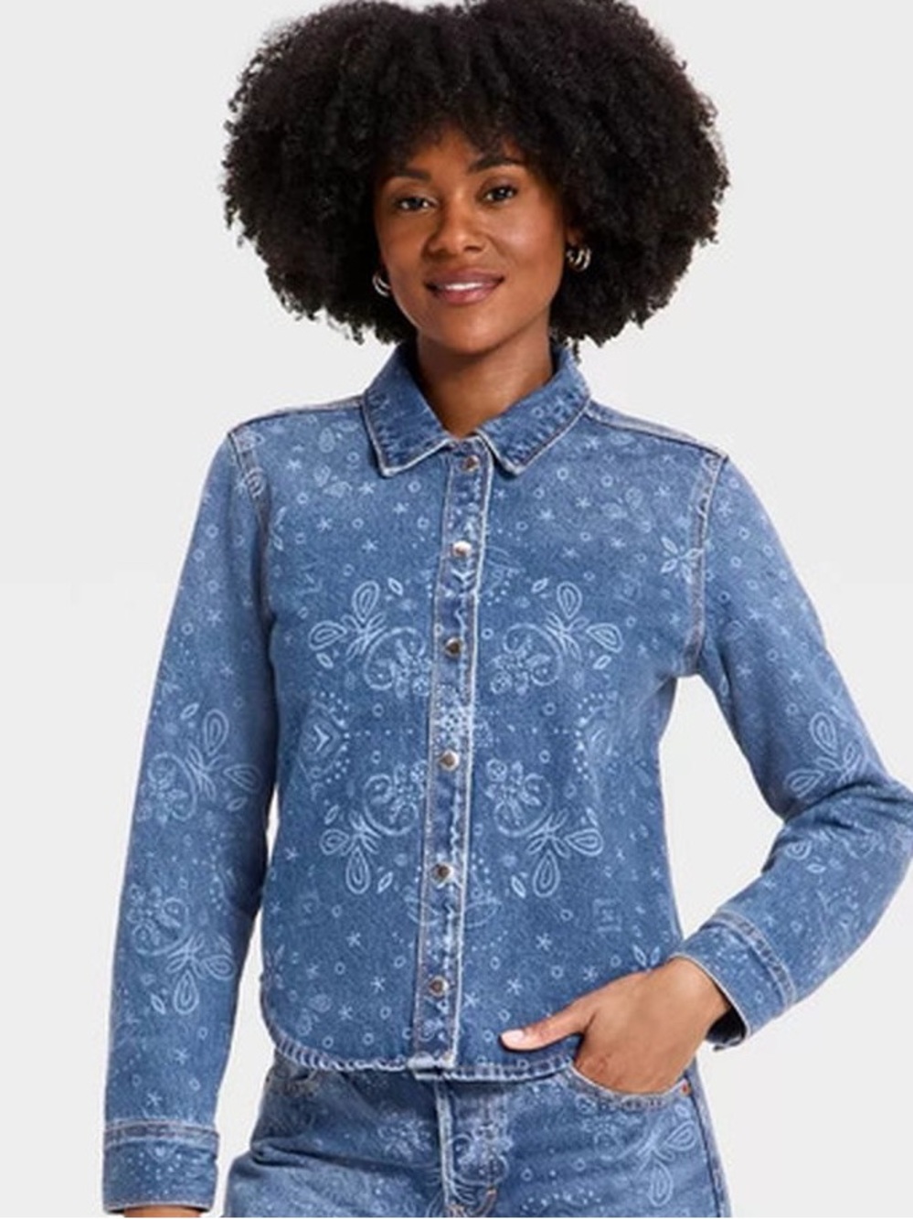 NWOT Size Small Universal Thread Blue Printed Denim Snap-Front Shirt Jacket
